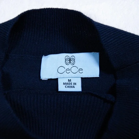CeCe Navy Blue Sweater Top Polka Dot Sheer Sleeves Mock Neck Blouse Women Size M - Picture 3 of 10